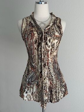 Fred David Brown and Cream Paisley Tie-Neck Sleeveless Top